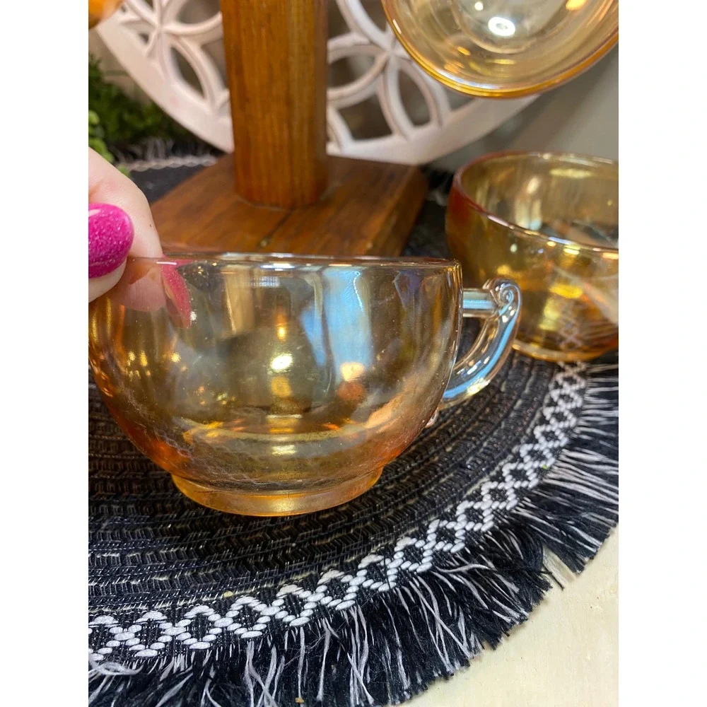 Vintage Fire-King Peach Lustre Tea‎ Cups Set of 6 Iridescent Copper Glass Mugs